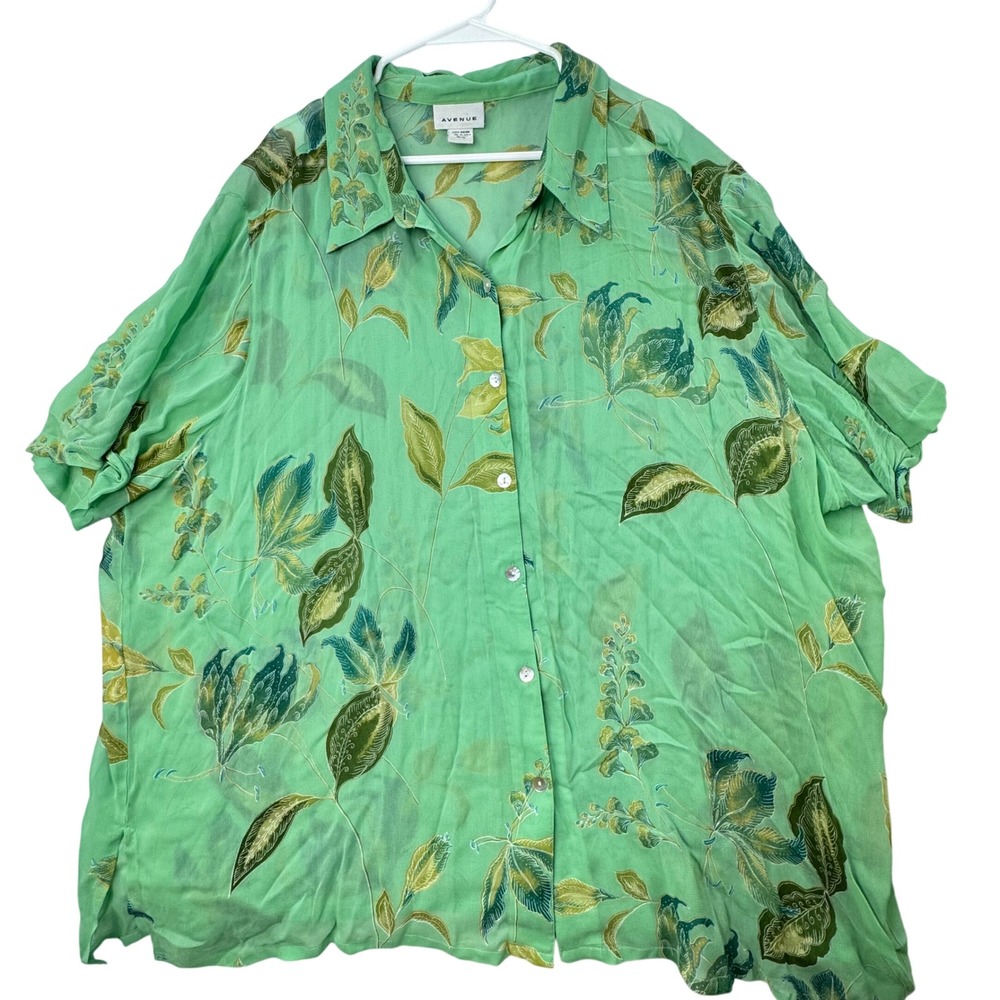 Avenue Button Up Shirt Womens 30/32 Green Floral Tropical Sheer Rayon Blouse